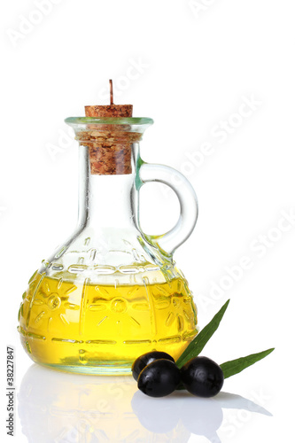 olive oil in jar and olives isolated on white