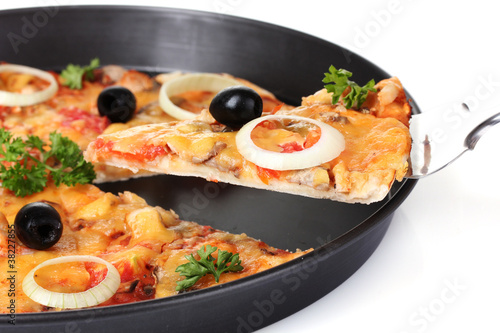 tasty pizza with vegetables and meat isolated on white