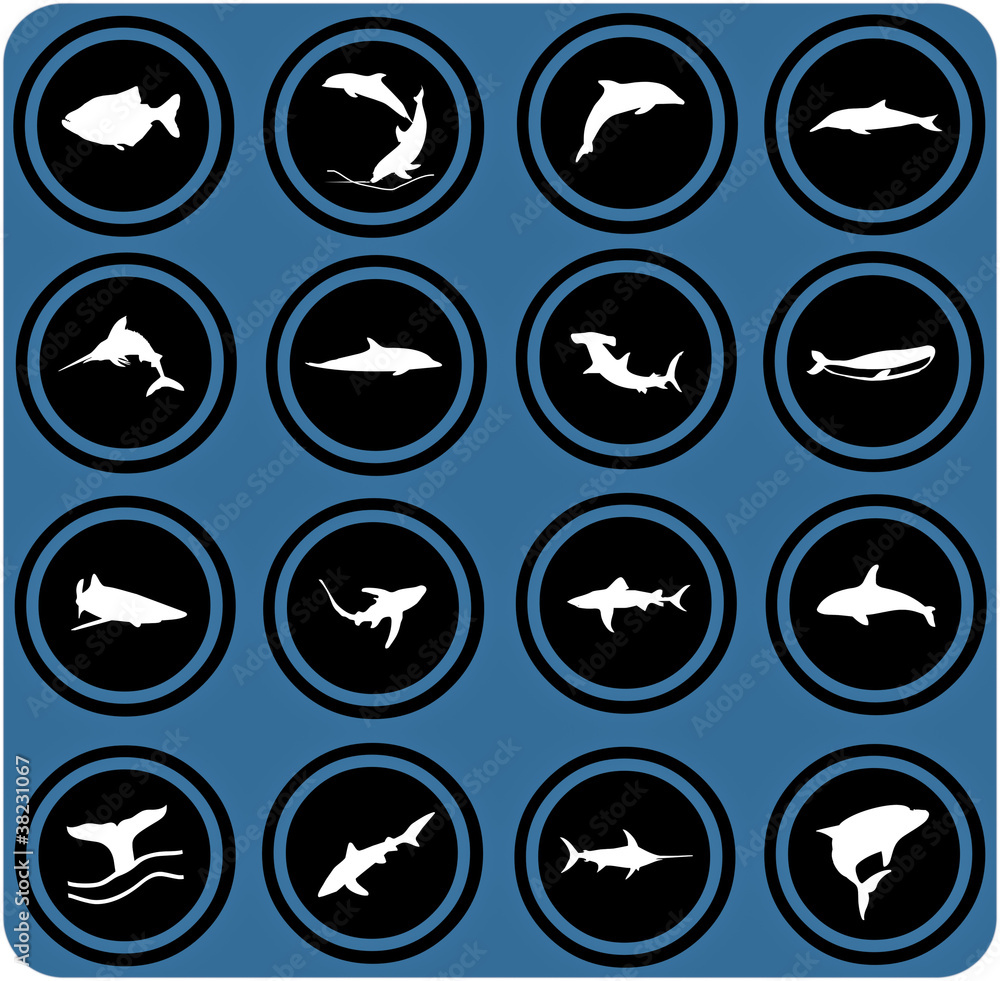 blue  signs. fish icons