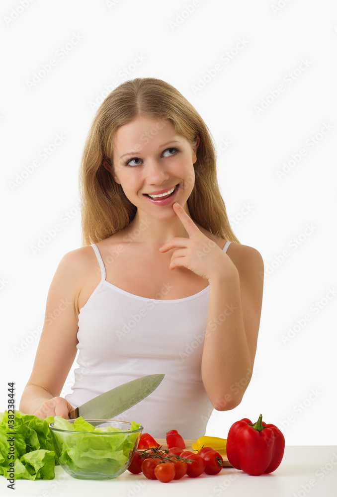 happy girl preparing vegetarian food, vegetables happy girl preparing vegetarian food, vegetables