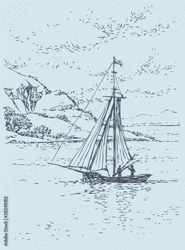 Vector drawing. Sailing boat swims up to shore