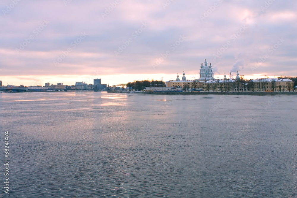 Smolny Cathedral, Peter the Great bridge and Neva river in St. P