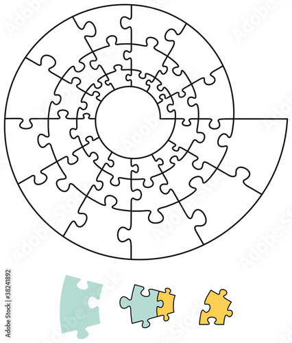 Spiral puzzle with single pieces which can be individually removed and arranged. Illustration on white background. Vector.