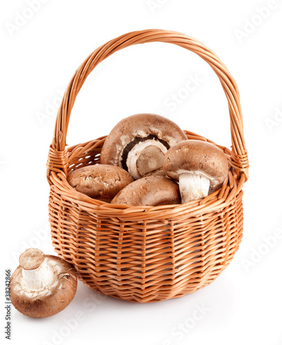 fresh mushrooms in a basket isolated on white background