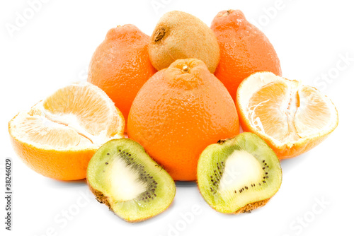 tangerines and kiwi fruit isolated on white