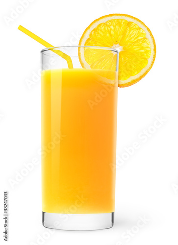 Isolated drink. Glass of orange juice with slice of orange fruit and straw isolated on white background