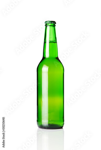 Green beer bottle isolated on white background