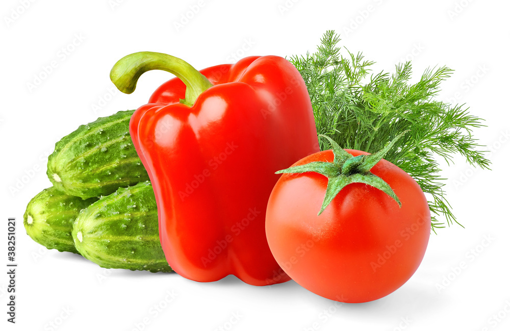 Fresh vegetables. Tomato, bell pepper and cucumbers isolated on white background Fresh vegetables. Tomato, bell pepper and cucumbers isolated on white background