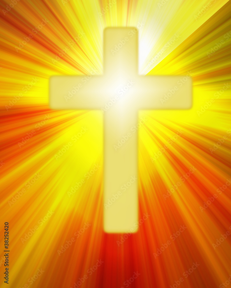 Radiant yellow cross symbol on bright rays