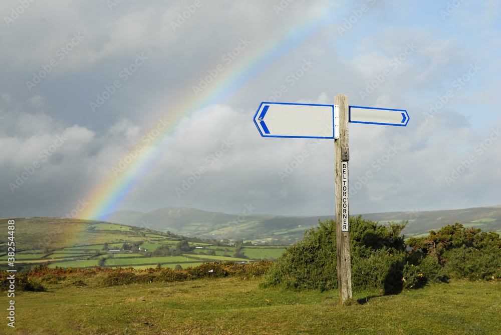Blank Signpost, Rainbow in Background. Blank Signpost, Rainbow in Background.