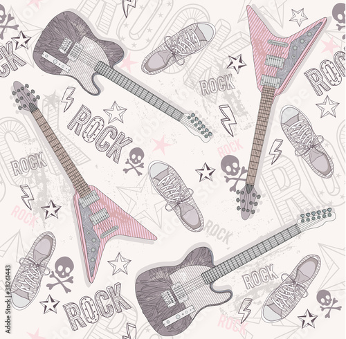 Cute grunge abstract pattern. Seamless pattern with guitars, sho