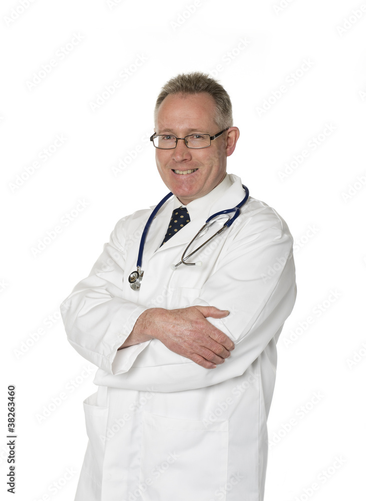 Smiling doctor arms crossed on white Smiling doctor arms crossed on white