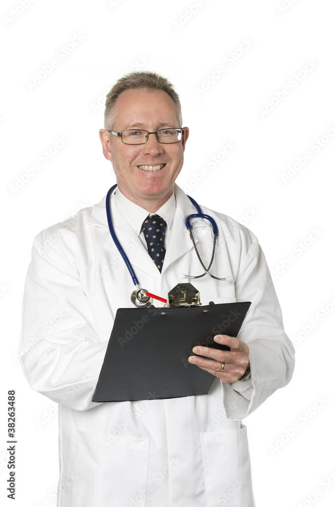 Smiling doctor on white with clipboard Smiling doctor on white with clipboard