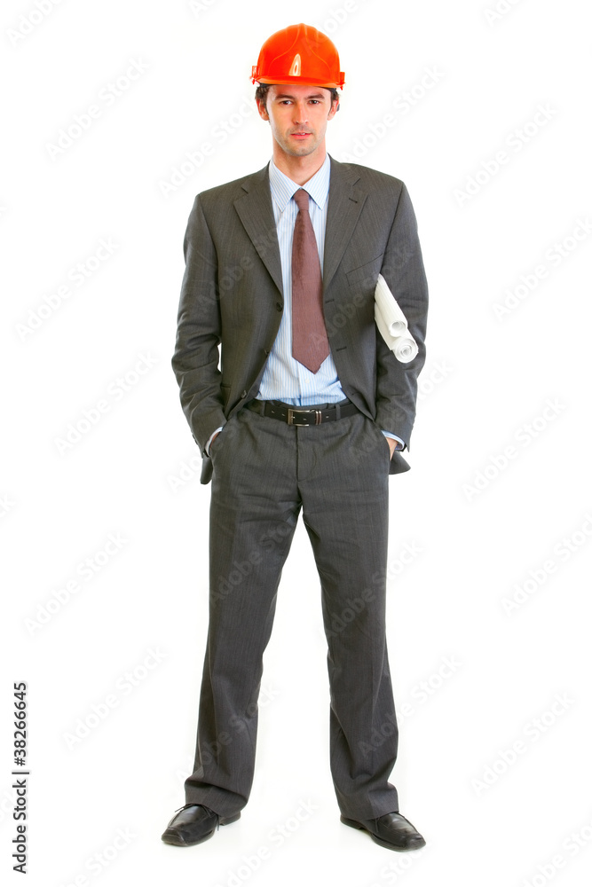 Full length portrait of architect holding building plans Full length portrait of architect holding building plans