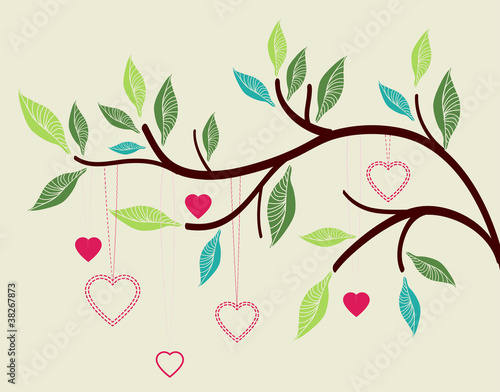 Beautiful background with tree branch and hearts