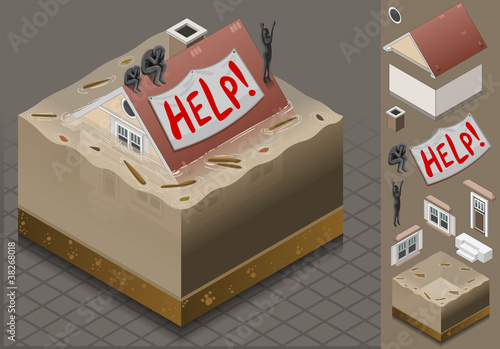 isometric flood mudded house with desperates mans