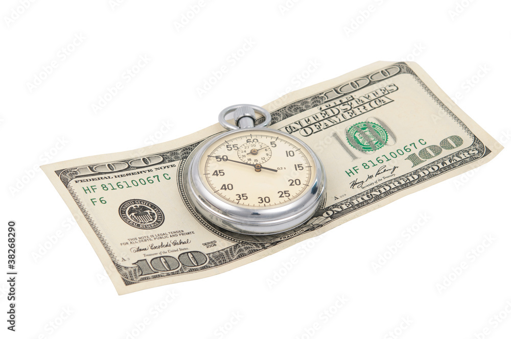 stopwatch with dollar bill isolated stopwatch with dollar bill isolated