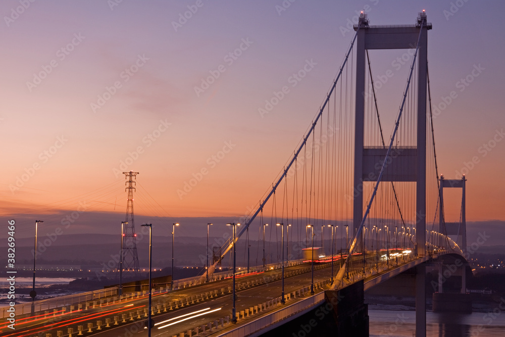 Landmark suspension bridge between England and Wales at dusk