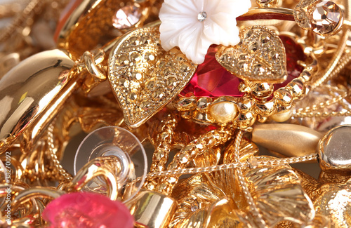 Various gold jewellery closeup