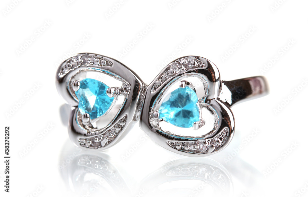 beautiful ring with blue precious stones isolated on white beautiful ring with blue precious stones isolated on white