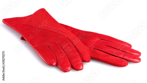 Beautiful red leather women's gloves isolated on white