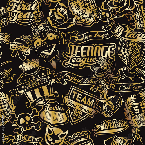 Golden badges patchwork seamless pattern