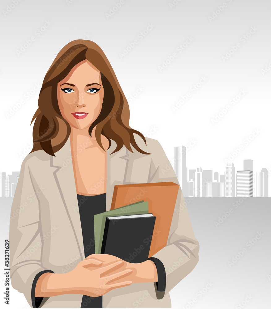 Woman holding files with city on the background Woman holding files with city on the background