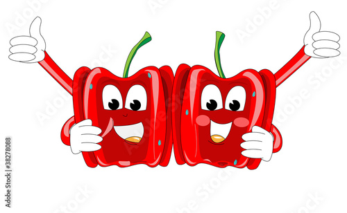 Illustrations of two funny red paprikas hugging each other