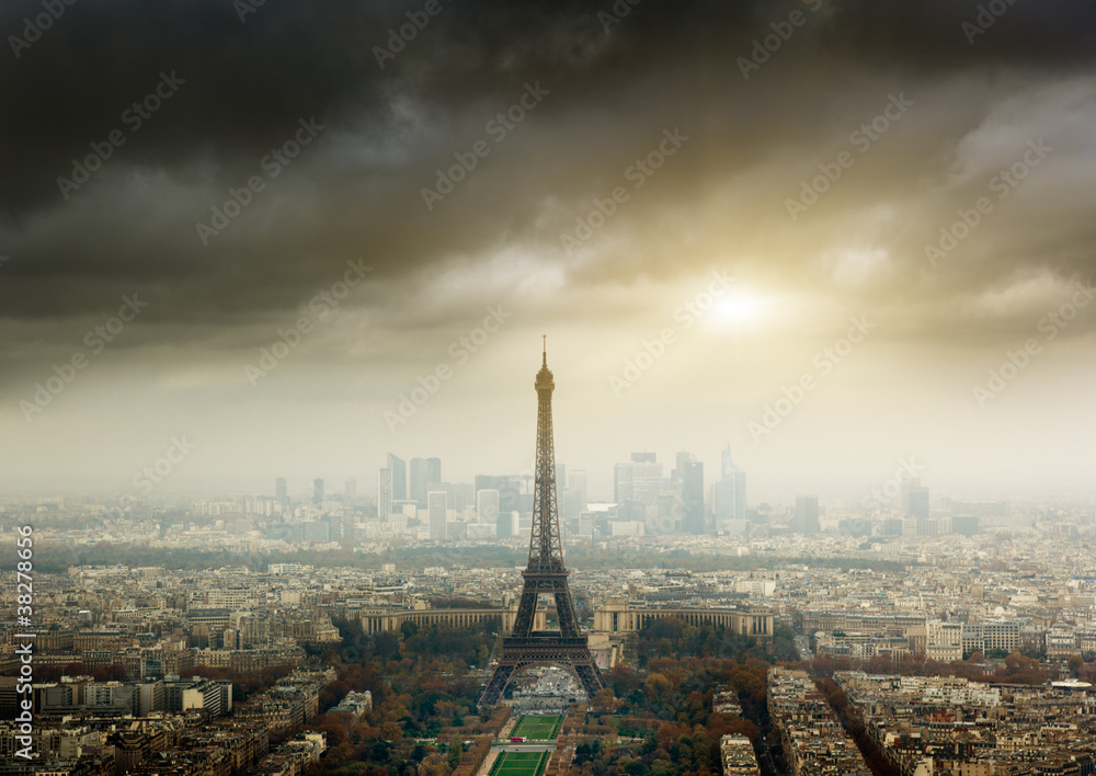 eiffel tower in Paris and stormy sky