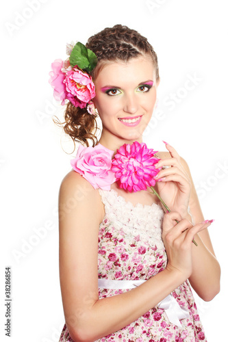Fototapeta Naklejka Na Ścianę i Meble -  Beautiful girl with flowers in her hair isolated on white