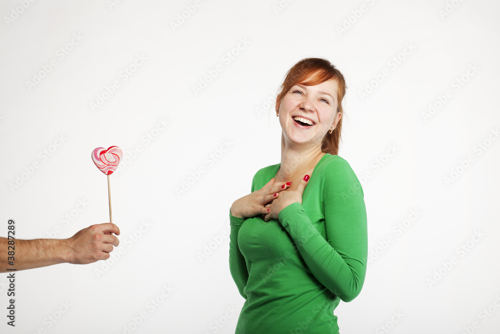 Fun young happy girl give valentine Fun young happy girl give valentine