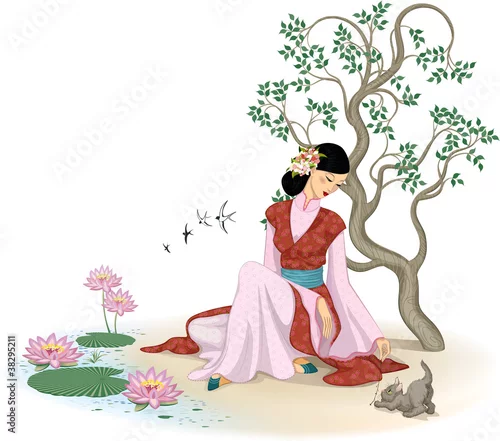 Naklejka na ścianę Piękna Chinka z kotkiem