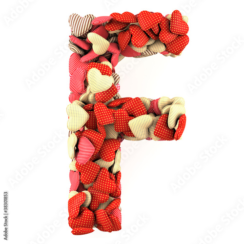 Letter F, made from soft cushions in the shape of Hearts.