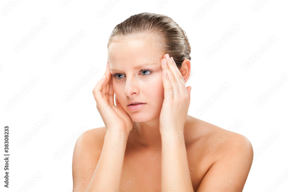 Woman massaging pain head isolated on white background