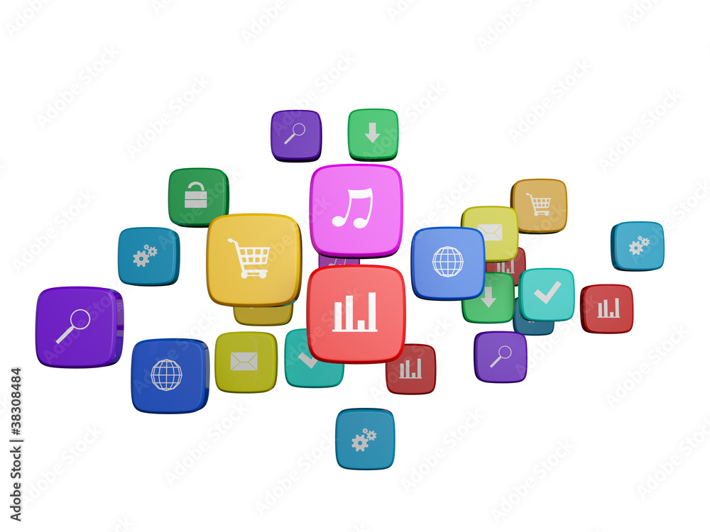 Software concept: cloud of program icons isolated on white backg Software concept: cloud of program icons isolated on white backg