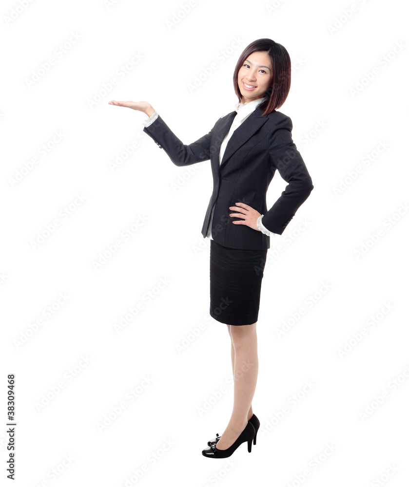 Full length Business woman introducing something by hand