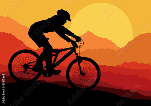 Mountain bike bicycle riders in wild nature landscape