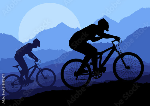 Mountain bike bicycle riders in wild nature landscape
