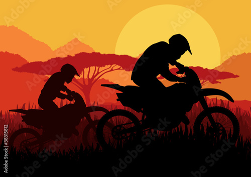 Motorbike riders motorcycle silhouettes in wild landscape
