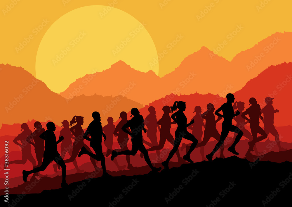 Fototapeta premium Marathon runners in wild nature mountain landscape