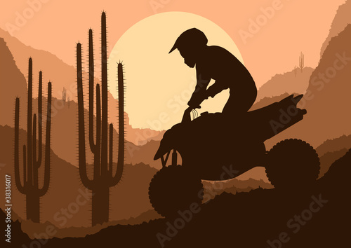 All terrain vehicle quad motorbike rider in desert wild nature