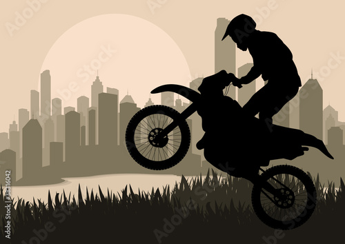 Motorbike rider in skyscraper city landscape background © kstudija