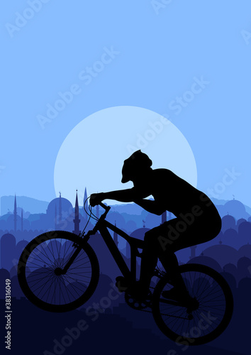 Mountain bike riders in wild nature landscape