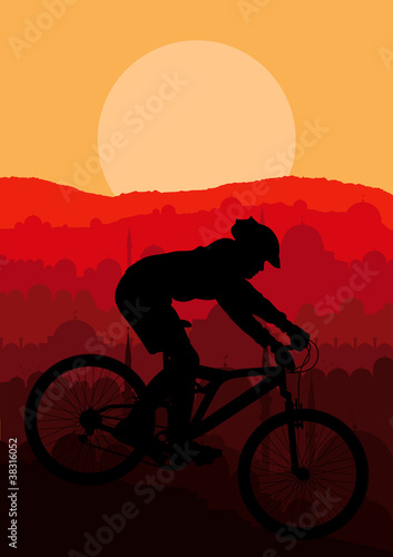 Mountain bike rider in wild nature landscape background