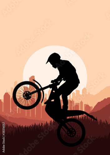 Motorbike trial rider in skyscraper city landscape background