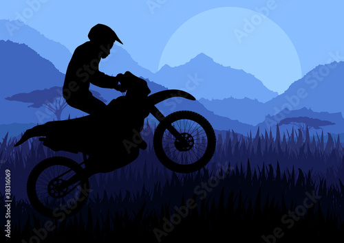 Motorbike riders motorcycle silhouettes in wild mountain