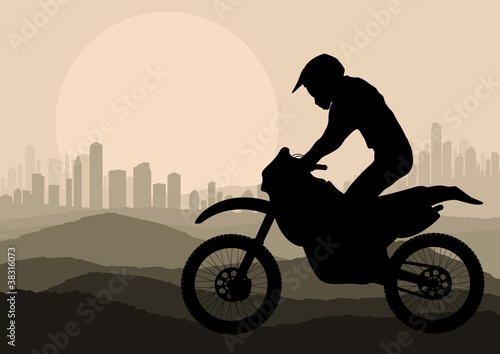 Motorbike rider in skyscraper city landscape