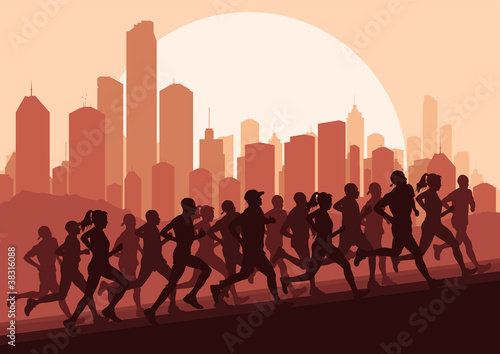 Marathon runners in skyscraper city landscape background