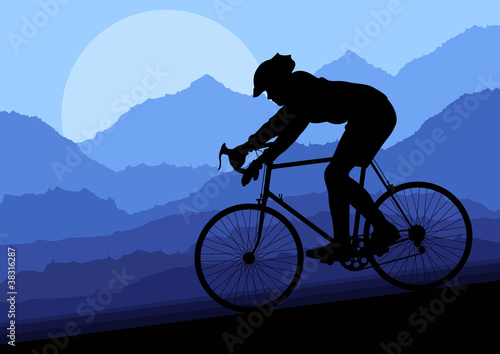 Sport road bike bicycle rider in wild nature landscape