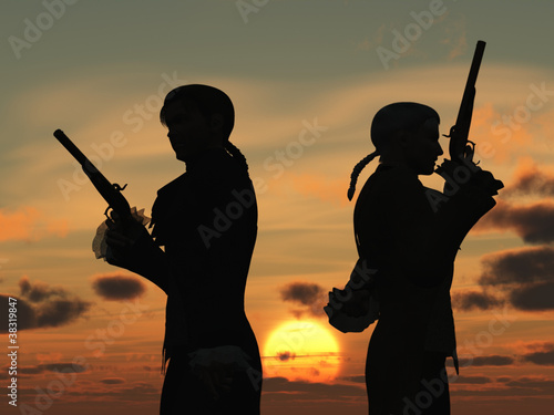 Duellists silhouetted against the rising sun photo